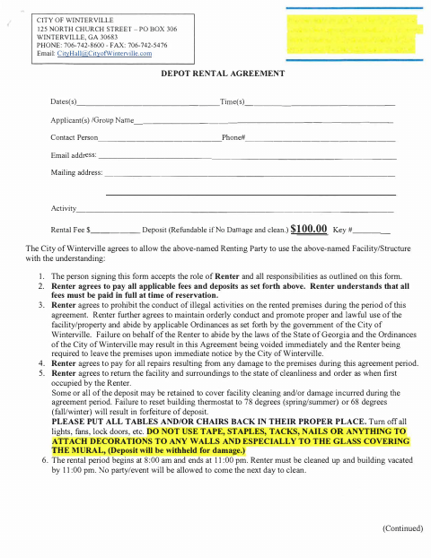 First page of the Depot Rental Agreement
