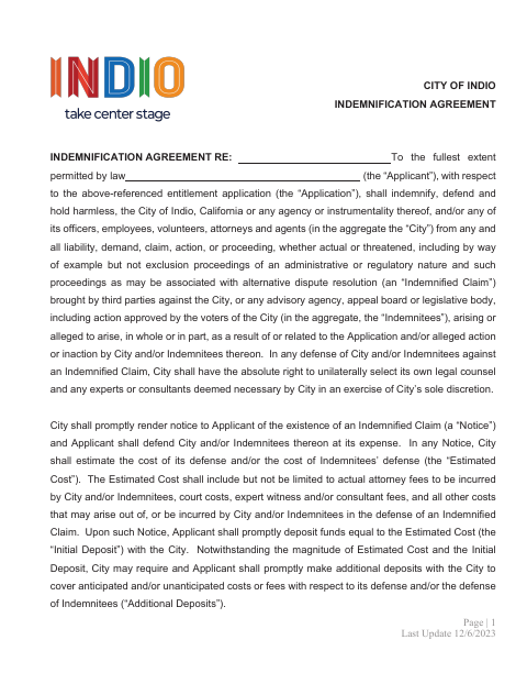 First page of the Indemnification Agreement Form