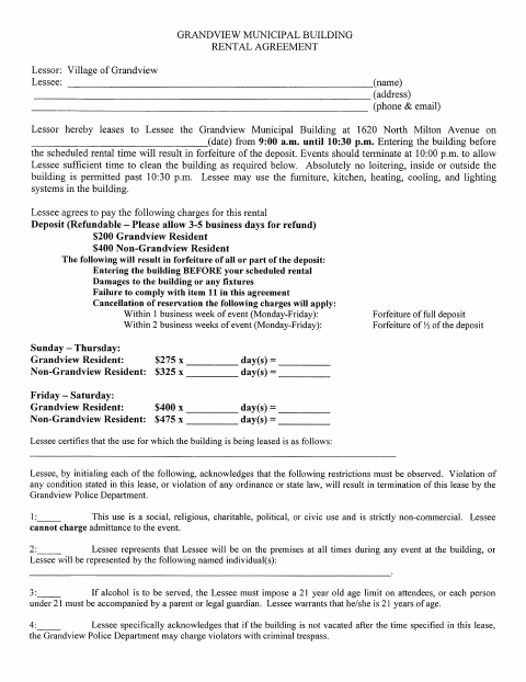 First page of the Municipal Building Rental Agreement