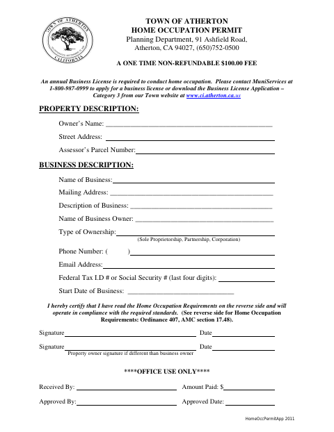 First page of the Home Occupation Application and Requirements