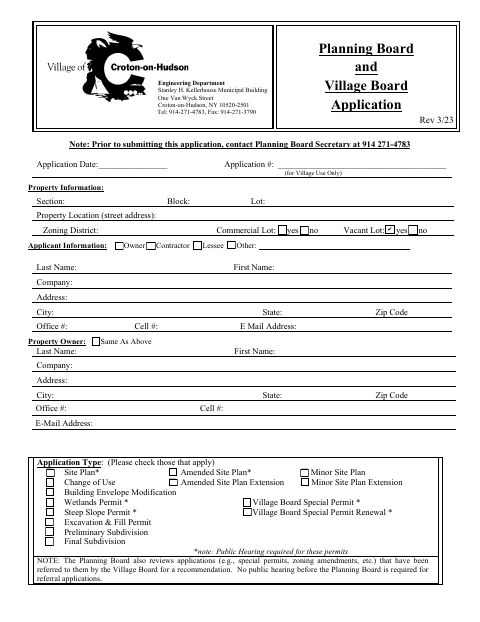 First page of the Planning Board and Village Board Application