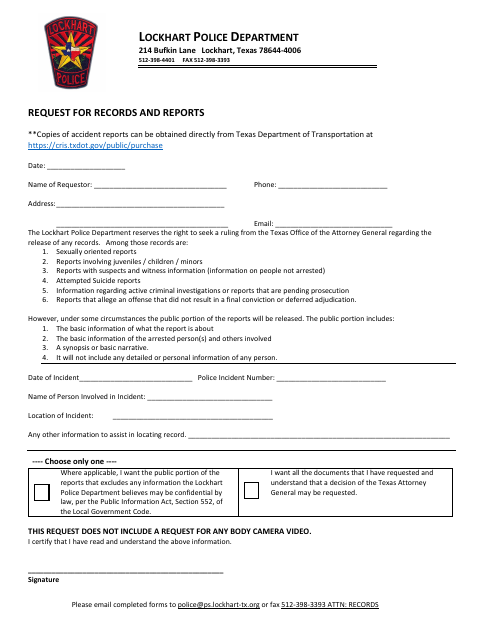 First page of the Request for Records and Reports