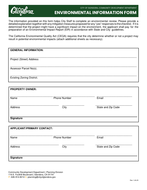 First page of the Environmental Information Form