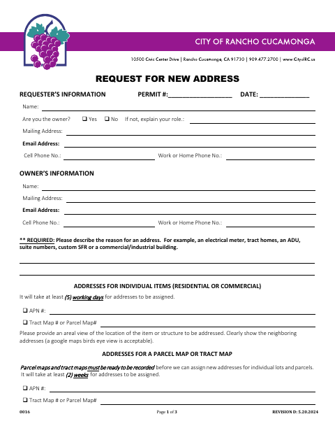 First page of the Request for New Address