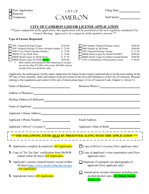First page of the Liquor License Application