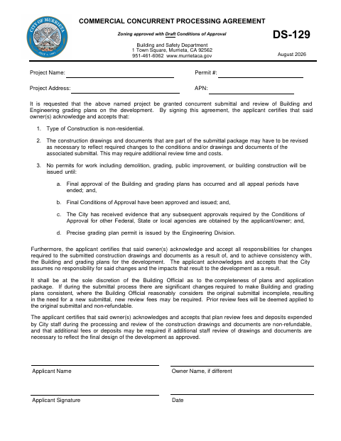 First page of the Commercial Concurrent Processing Agreement – Zoning Approval With Draft Conditions of Approval