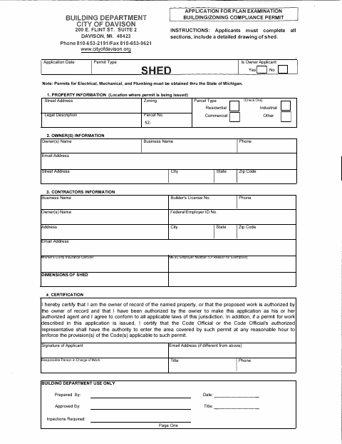 First page of the Shed Permit Application