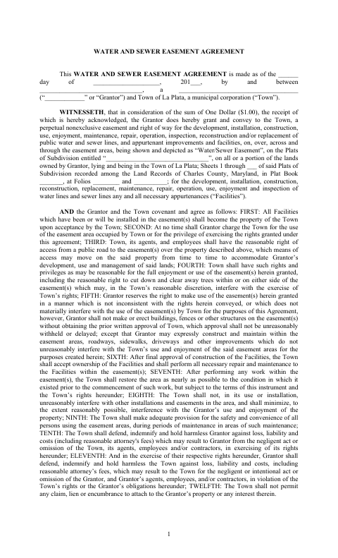 First page of the Water and Sewer Easement Agreement