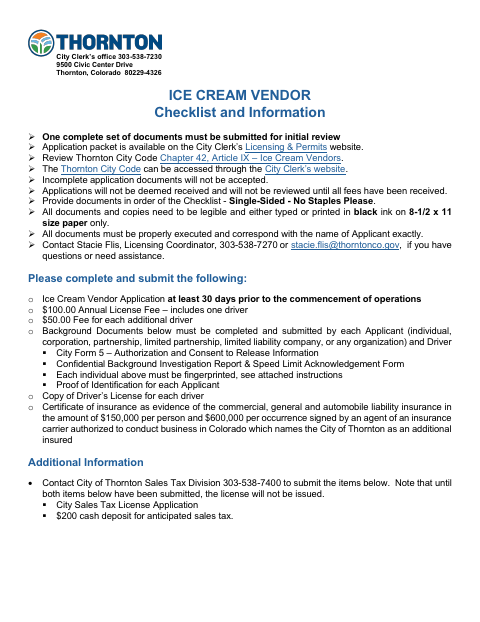 First page of the Ice Cream Vendor License Application