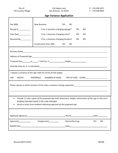 First page of the Sign Variance Application