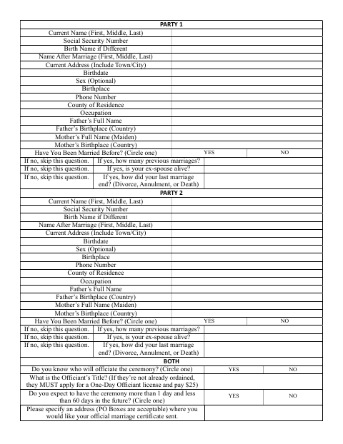 First page of the Marriage License Worksheet