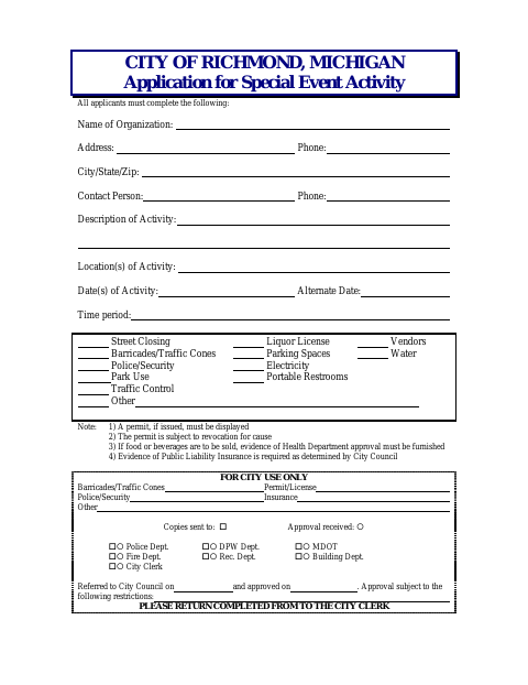 First page of the Application for Special Event Activity