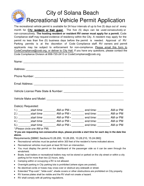 First page of the Recreational Vehicle Permit Application