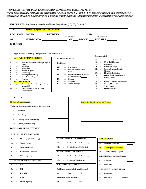 First page of the Application for Plan Examination, Zoning and Building Permit