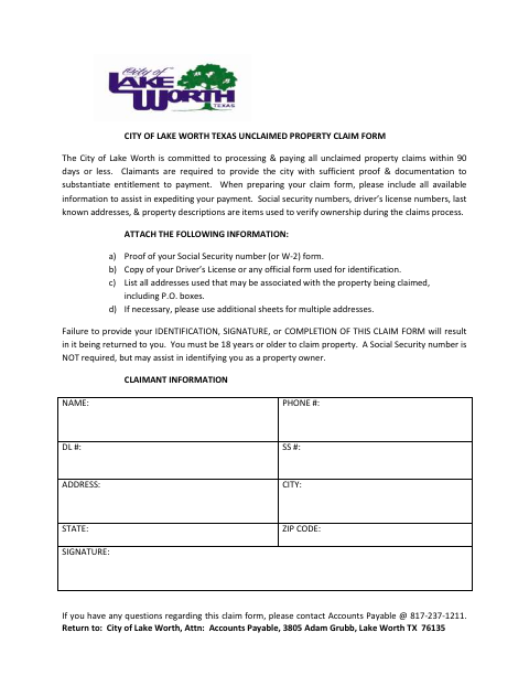 First page of the Unclaimed Property Claim Form
