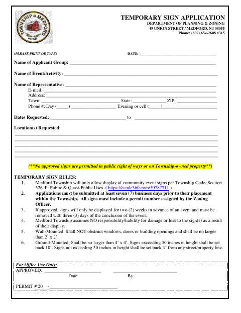 First page of the Temporary Sign Application
