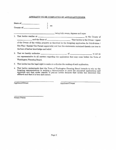 First page of the Planning Board Applicant/Owner Affidavit