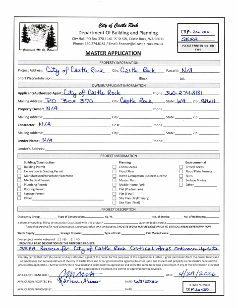 First page of the Master Application for SEPA and Critical Areas