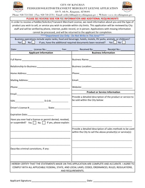 First page of the Peddler/Solicitor/Transient Merchant License Application