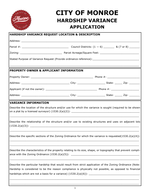 First page of the Hardship Variance Application