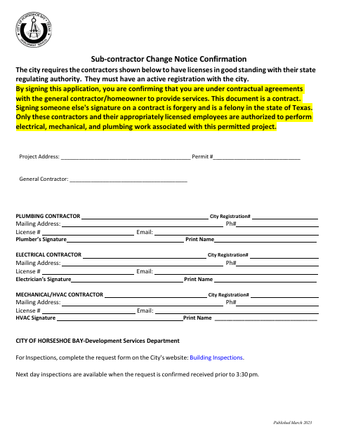 First page of the Sub-Contractor Change Notice Confirmation