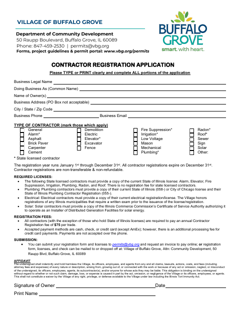 First page of the Contractor Registration Application