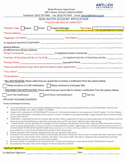 First page of the New Water Account Application