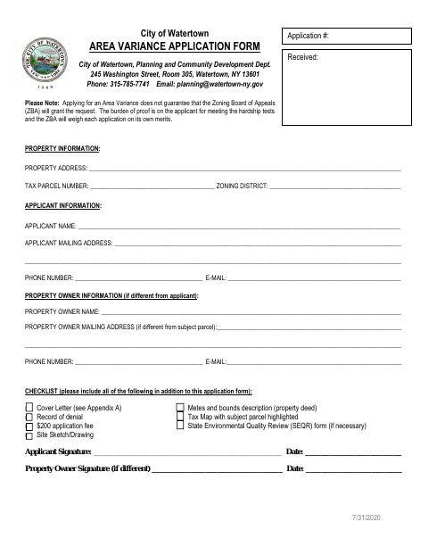 First page of the Area Variance Application Form