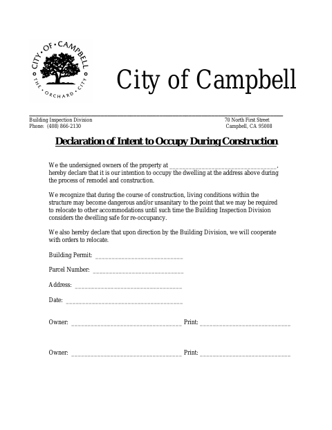 First page of the Declaration of Intent to Occupy During Construction