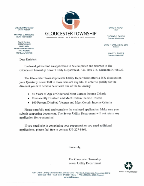 First page of the Senior and Disabled Citizens Sewer Utility Discount Application