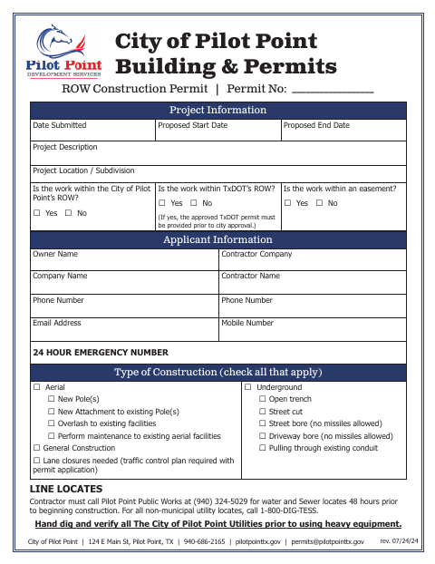 First page of the Right Of Way Construction Application