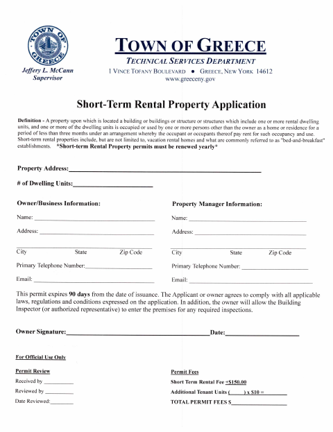 First page of the Short-Term Rental Property Application Packet