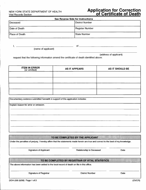 First page of the Application for Correction of Certificate of Death