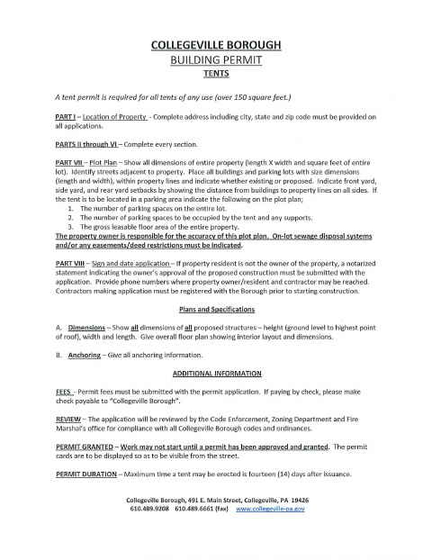 First page of the Tent Building Permit Application