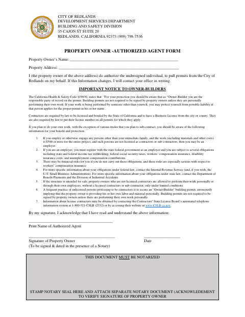 First page of the Property Owner–Authorized Agent Form