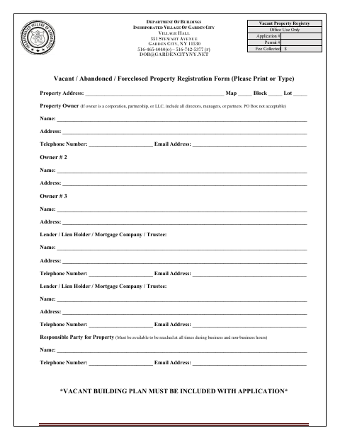 First page of the Vacant / Abandoned / Foreclosed Property Registration Form