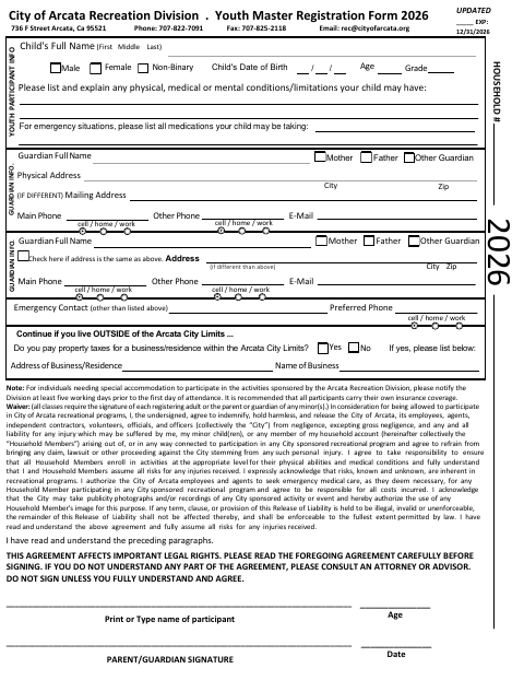 First page of the Youth Master Registration Form