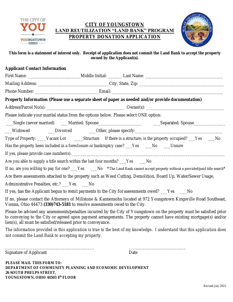First page of the Land Bank Property Donation Application