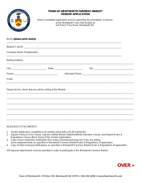 First page of the Farmers Market Vendor Application and Regulations