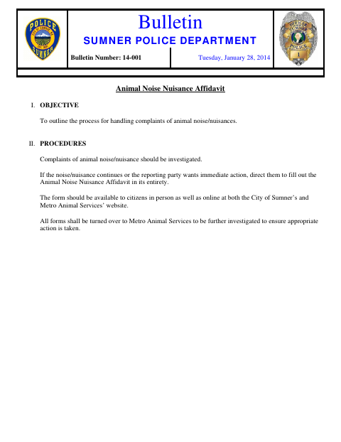First page of the Animal Noise Nuisance Affidavit