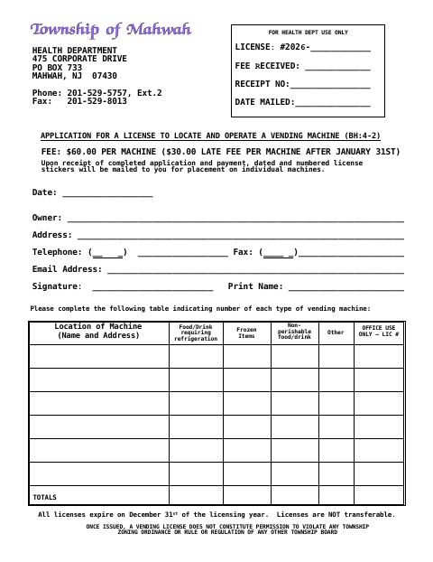 First page of the Application for a License to Locate and Operate a Vending Machine