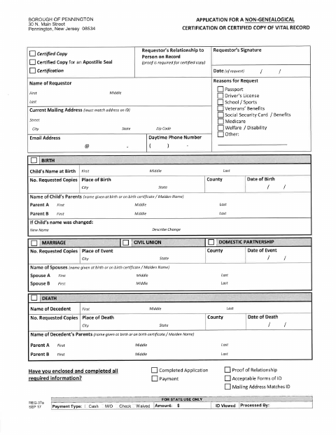 First page of the Application for Non-Genealogical Certification or Certified Copy of Vital Record