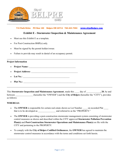 First page of the Stormwater Inspection & Maintenance Agreement