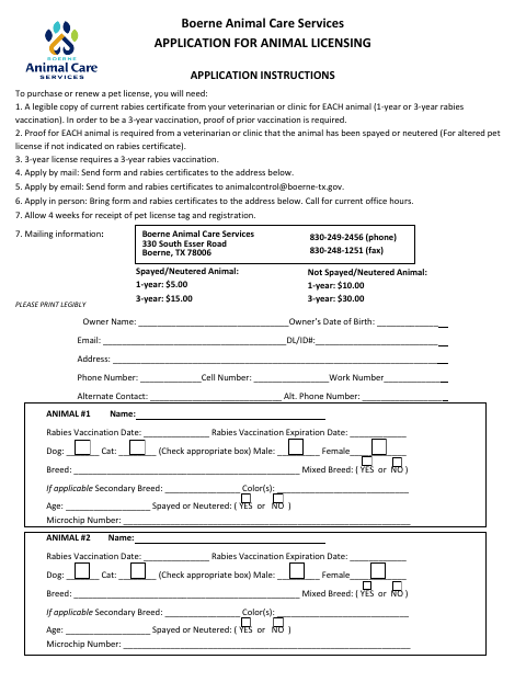 First page of the Application for Animal Licensing