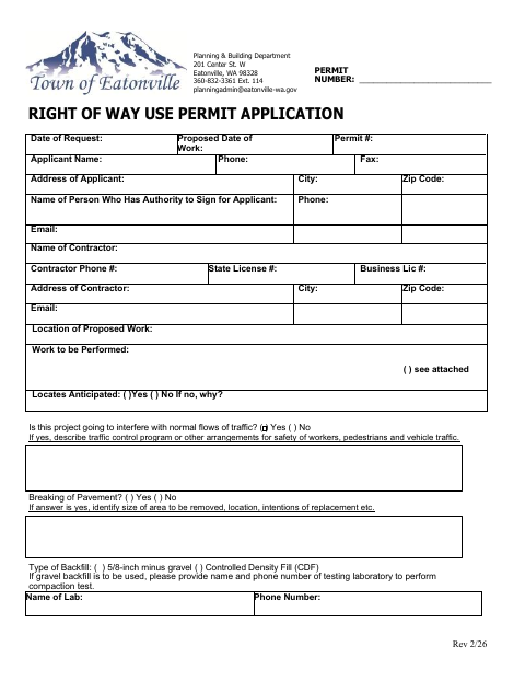 First page of the Right of Way Use Permit Application
