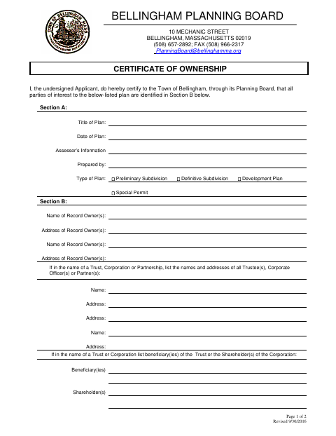 First page of the Certificate of Ownership