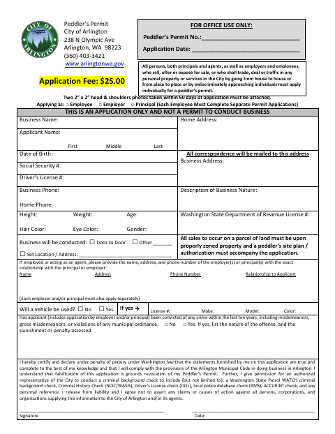 First page of the Peddler’s Permit Application