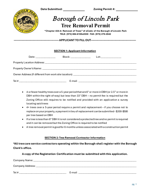 First page of the Shade Tree Permit