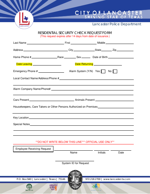 First page of the Residential Security Check Request Form