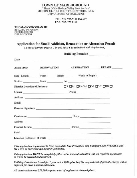 First page of the Small Addition, Renovation, or Alteration Permit Application